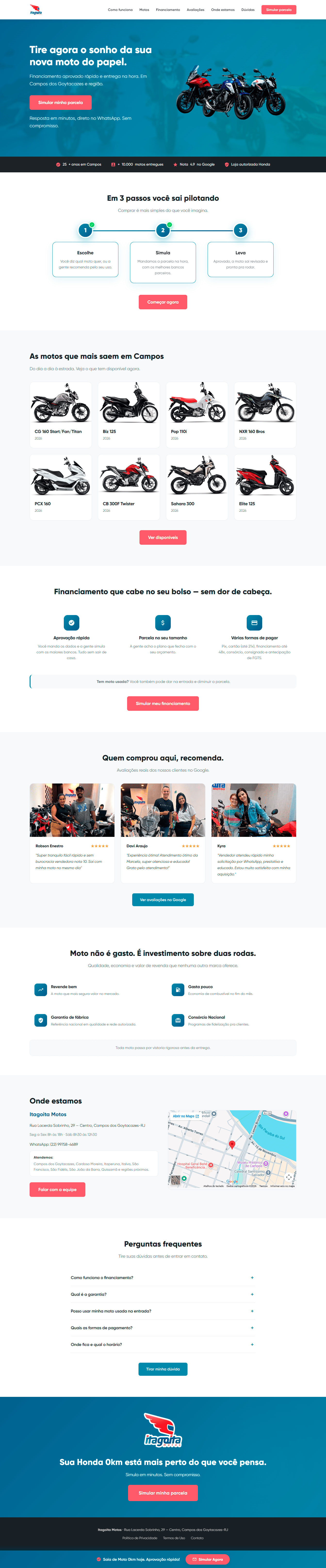 Página da Itagoita Motos - layout com seções de financiamento e catálogo
